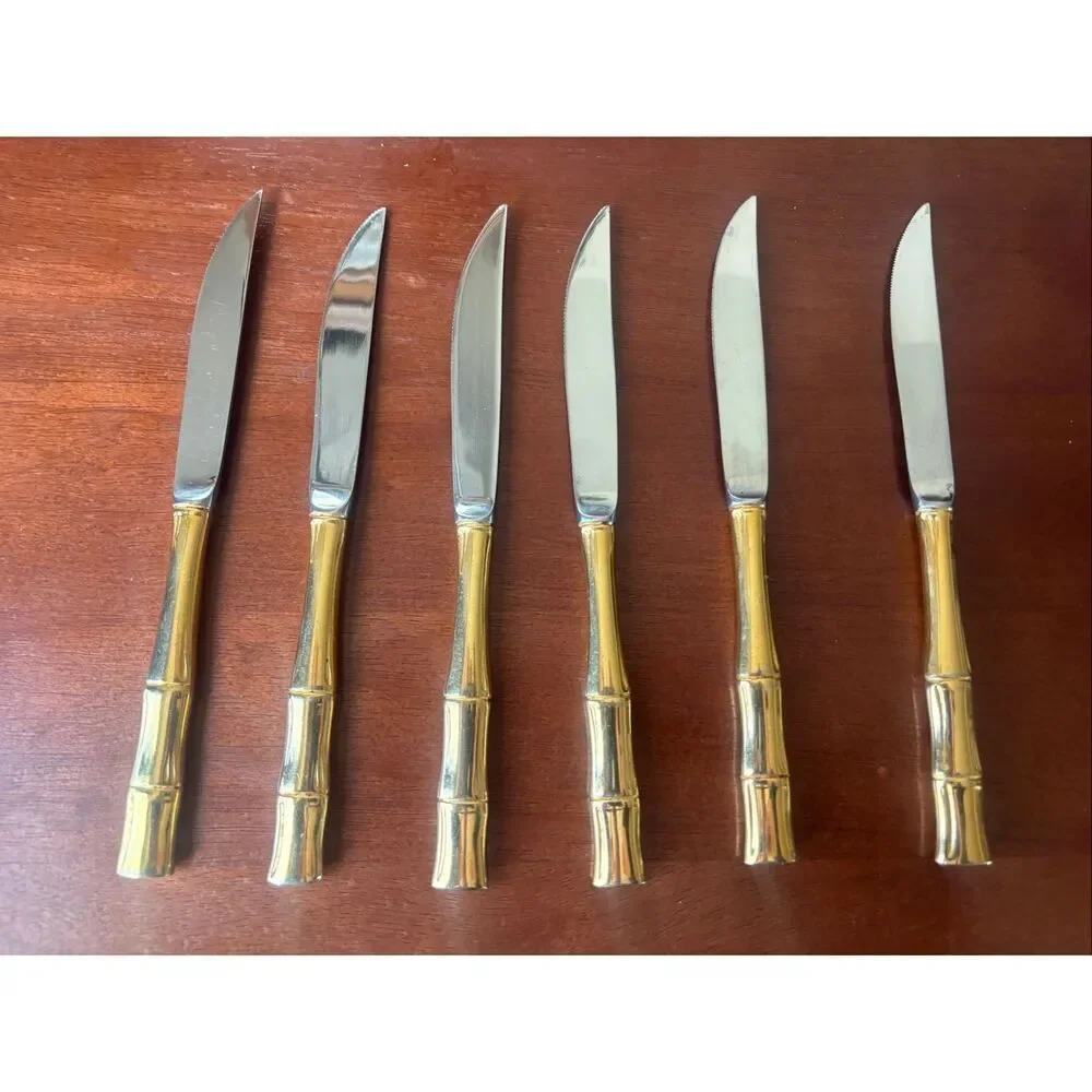 Towle Golden Bamboo Electroplated Steak Knives Set of 6 Stainless 8 1/2”